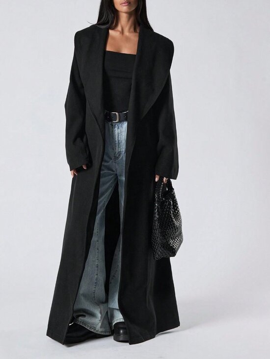 Jackets & Blazers - Black Elegant Women's Long Belted Pocket Loose Comfy Long Sleeve Jacket coat